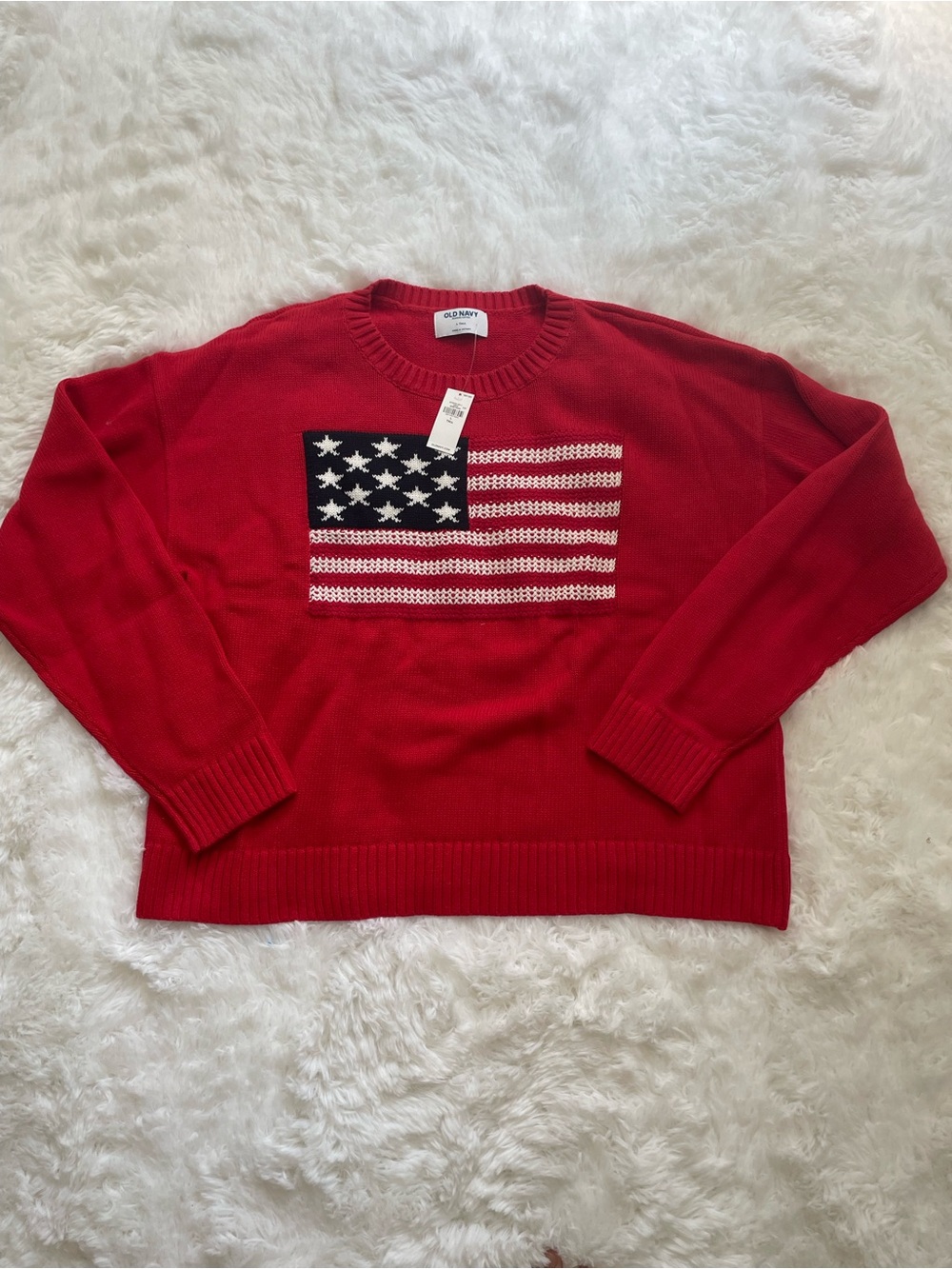 Old Navy Red Crewneck Sweater with Flag Motif